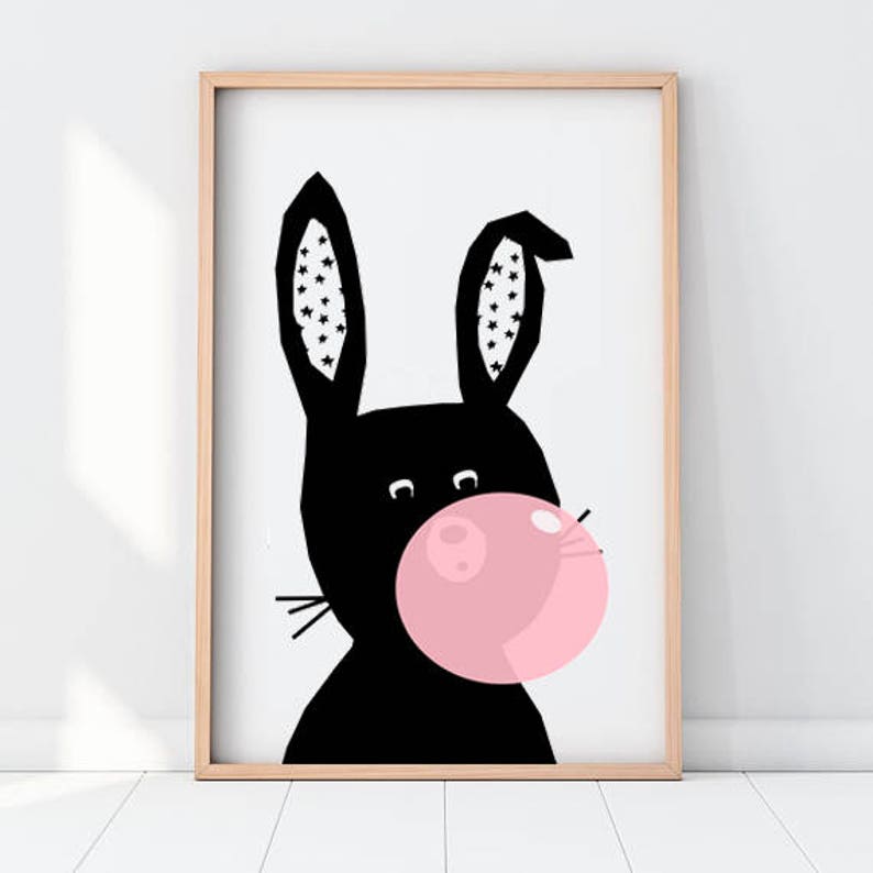 Rabbit wall art, Bunny with gum nursery decor, Woodland Nursery prints, Woodland nursery, monochrome nursery ,Forest animal theme,Bunny art image 4