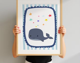 Whale Nursery Art Print, Blue Nautical Decor (Digital Download) sea animals printable