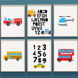 Transportation prints, alphabet numbers print, boy room decor, Boy wall prints, Printable transport art, boy gift, Transport themed nursery