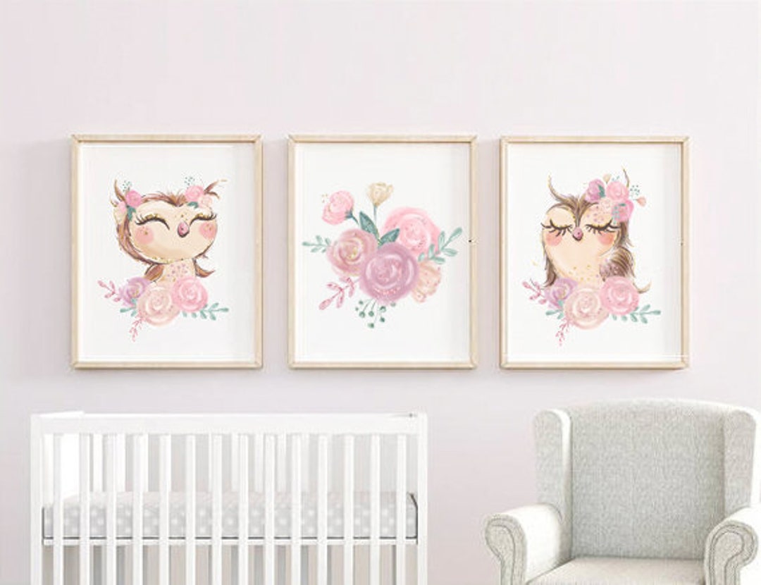 FLORAL NURSERY PRINTABLES, Floral Watercolor Wall Art, Owls Watercolor ...