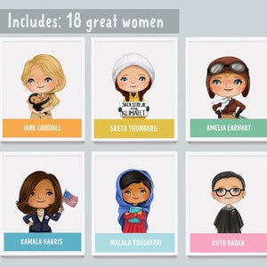 Mulheres influentes na história, estampas de mulheres empoderadas, estampas infantis, Ruth Bader, arte de parede em sala de aula, inspiradoras, estampas feministas, aprender