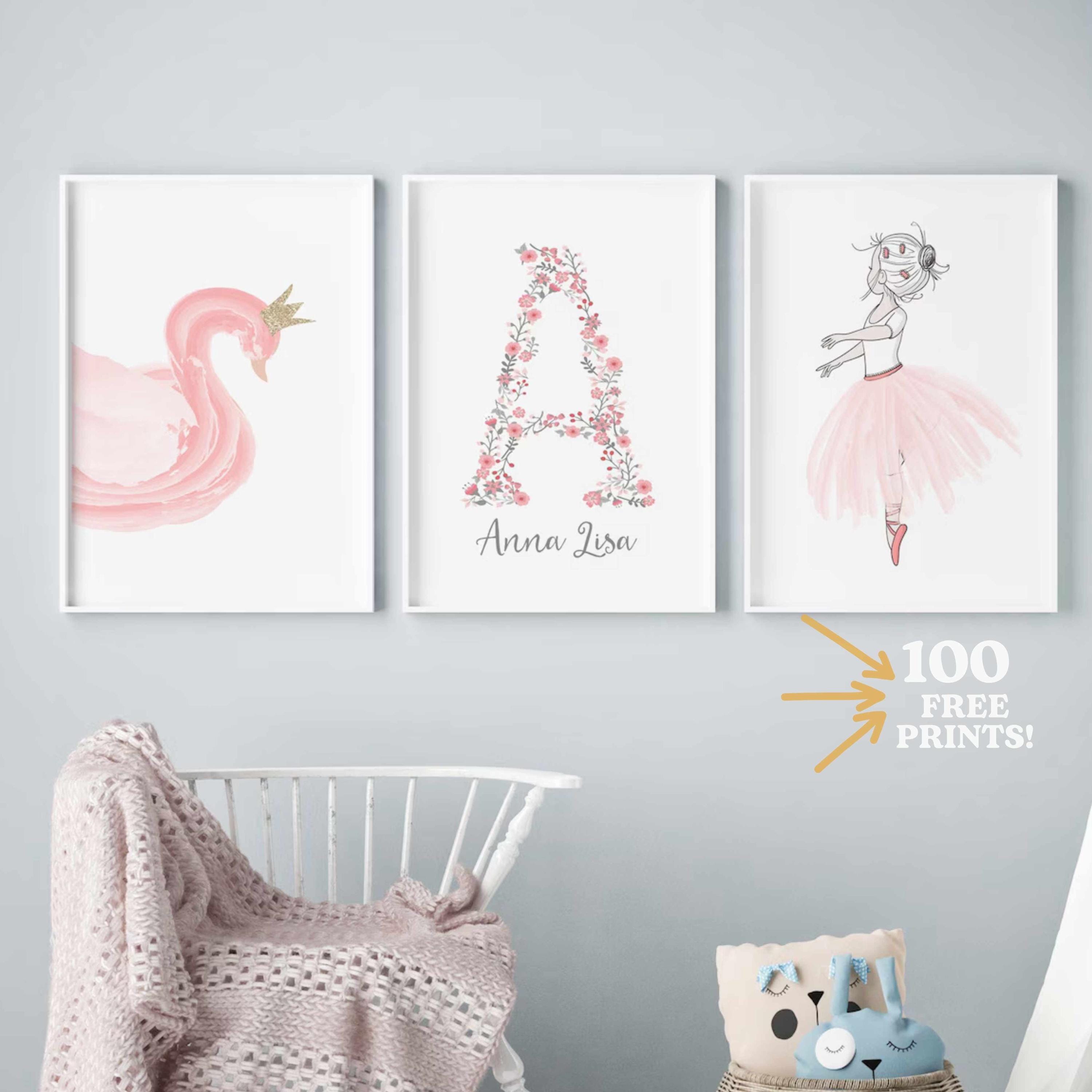 ♥ Set of 3 Ballerina Custom Name, Nursery Wall Art Prints, Goauche