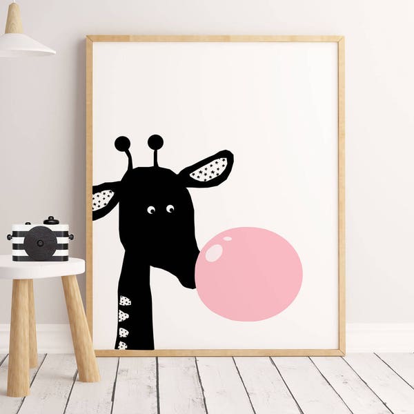50% SALE giraffe printable sarafi nursery art, jungle decor print, giraffe prints, animal wall art, printable kids gift, Bubble gum giraffe