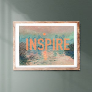 Monet Sunrise print, INSPIRE vintage art. typography prints,  antique replica painting, antique landscape, vintage wall print,eclectic decor