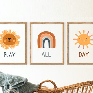 Neutral nursery print set, Gender neutral baby art, PLAY ALL DAY Nursery printable set, Nursery wall art, Earthy  tones,Sun rainbow, terra