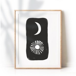 Grand art imprimable, impression de décor moderne de soleil et de lune, art minimaliste noir et blanc, lignes abstraites, affiche contemporaine, blanc noir