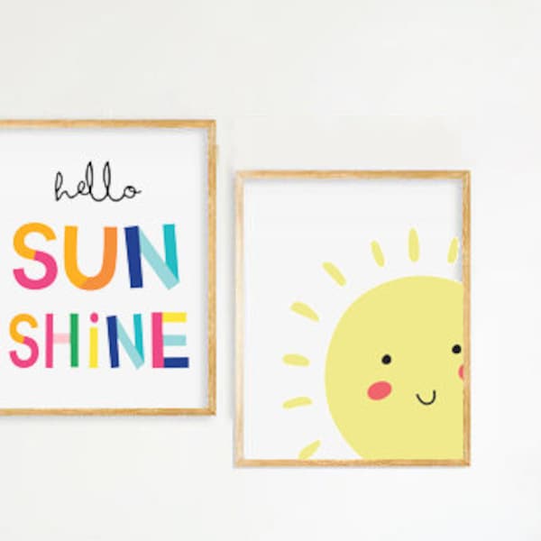 Set of 2 PRINTS, Hello sunshine print, Nursery wall art, Pastel yellow sun print, You are my sunshine ,Printable nursery, Baby shower gift