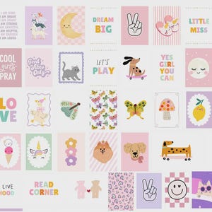 May include: A collection of rectangular wall art prints featuring a variety of colorful illustrations including animals, flowers, food, and motivational text. The designs use a pastel color palette with pink, yellow, blue, and purple tones.