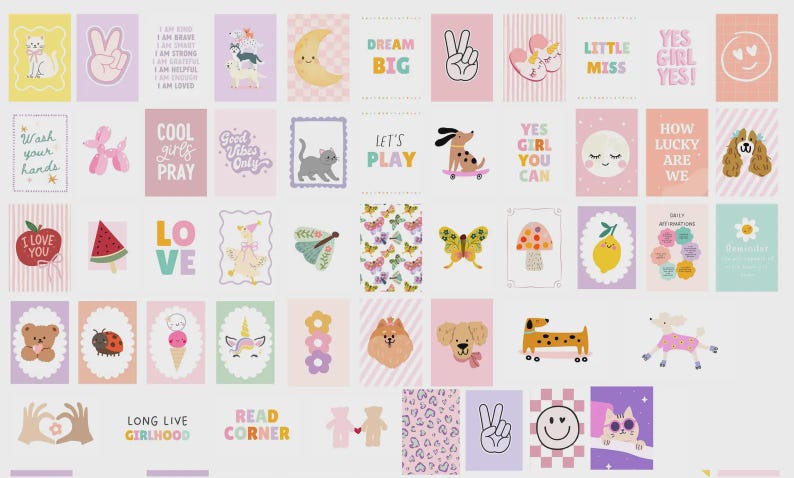 May include: A collection of rectangular wall art prints featuring a variety of colorful illustrations including animals, flowers, food, and motivational text. The designs use a pastel color palette with pink, yellow, blue, and purple tones.