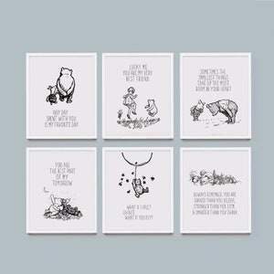 Winnie the Pooh quote prints, set of 6, Black and White, Pooh bear wall art, nursery prints, boys Bedroom, Baby Shower, baby girls prints