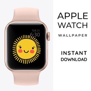 Puede incluir: Un Apple Watch rosa con una esfera negra que muestra un sol sonriente con el texto "TUE 21 6:30".