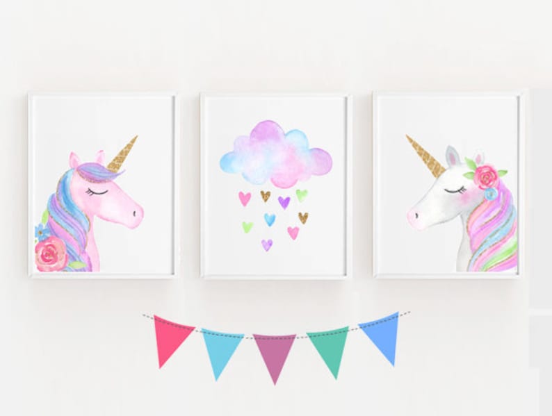 Set Of 3 Unicorn Wall Art Printables Gold Girls Room Decor Instant Pink