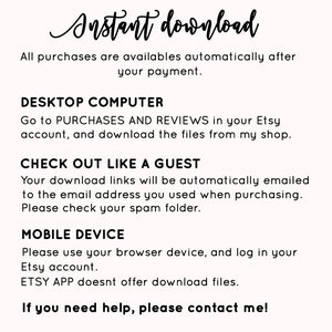 以下が含まれることがあります： Etsyで購入したデジタルファイルをダウンロードする方法に関するテキストベースの指示。指示には、デスクトップコンピューターとモバイルデバイスの両方の情報が含まれています。テキストには「インスタントダウンロード」というフレーズが含まれています。