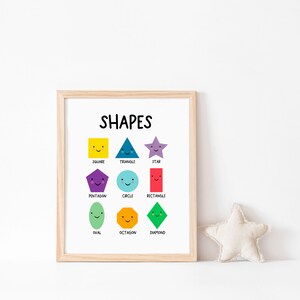 May include: A colorful educational poster with the word "SHAPES" at the top. It features nine different shapes with names underneath each one: square, triangle, star, pentagon, circle, rectangle, oval, octagon, and diamond.