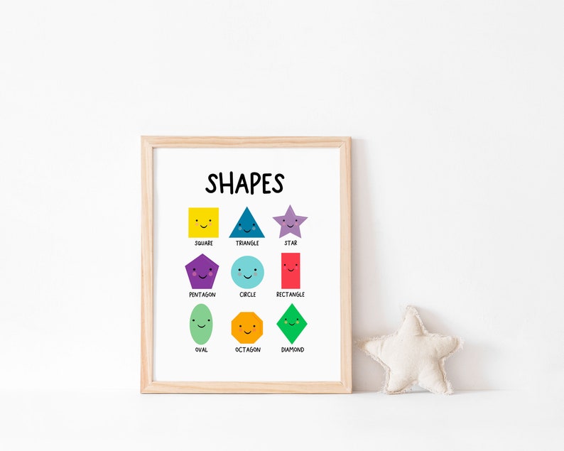 May include: A colorful educational poster with the word "SHAPES" at the top. It features nine different shapes with names underneath each one: square, triangle, star, pentagon, circle, rectangle, oval, octagon, and diamond.