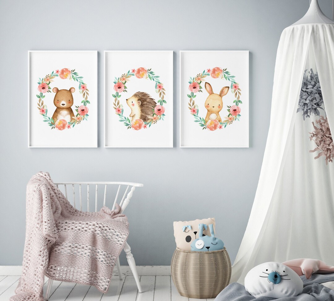 Set of Prints, Nursery Decor Girl Floral, Woodland Floral Prints ...