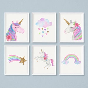Juego de 6 piezas de arte de pared de unicornio, arte de unicornio imprimible, decoración de habitación de niñas, brillo dorado de unicornio, impresiones de unicornio, rubor rosa, arcoíris de nubes, dorado