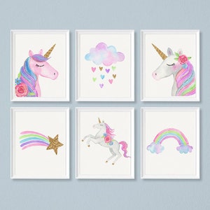 Set of 6 Unicorn wall art set, Printable unicorn art, Girls room decor, Unicorn gold glitter, Unicorn prints, Pink blush,cloud rainbow,gold