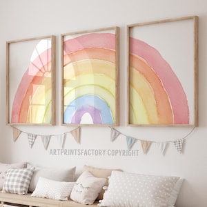 Póster de arcoíris de acuarela, juego de 3 impresiones, impresiones para guardería, decoración de sala de juegos con arcoíris, impresiones para guardería de niñas, póster para guardería, decoración de habitación de niñas