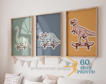 Láminas de dinosaurios en patineta: Arte de pared para habitación infantil (juego de 3) (Descarga digital)