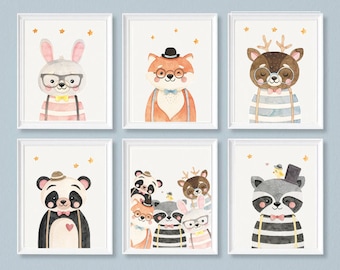 Láminas de animales del bosque para guardería: Set de 6 piezas de decoración moderna (descarga digital)