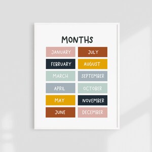May include: A white printable chart with the word "MONTHS" in black text at the top. The chart lists the months of the year in black text on coloured rectangles. The colours are pink, dark blue, light green, light blue, yellow, dark blue, light green, light blue, yellow, dark brown, and pink.