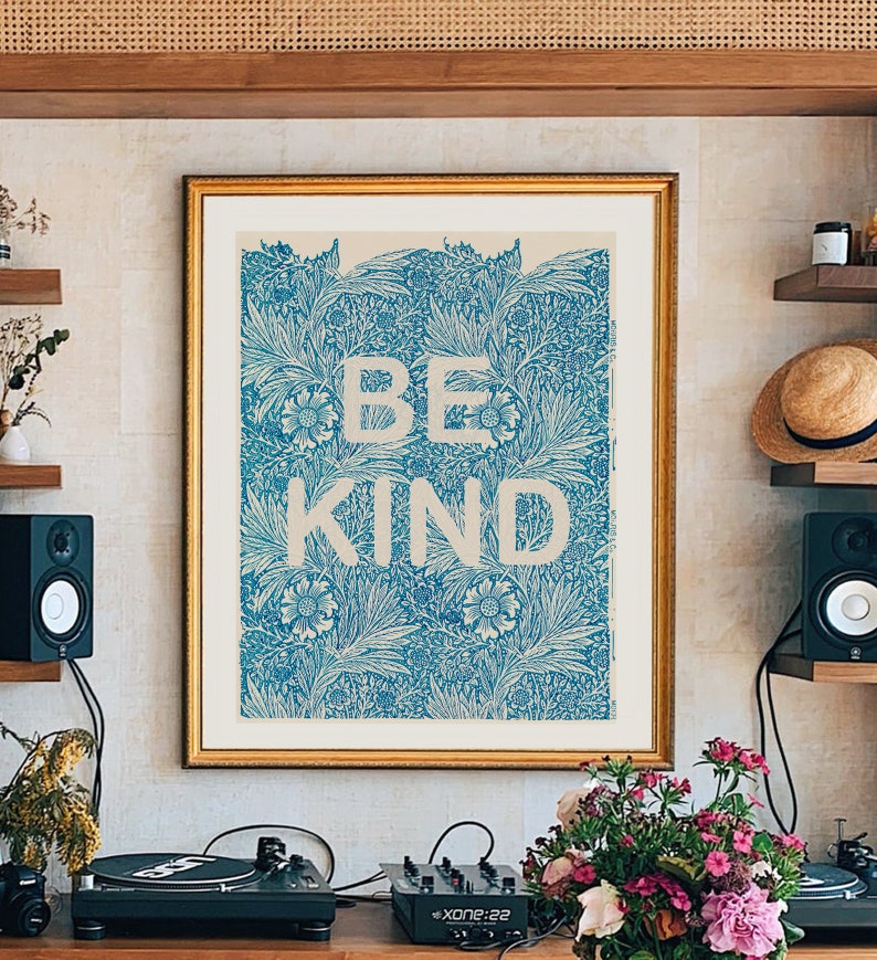 Morris vintage art, be kind quote print, modern wall art, antique illustration, lettering art, be kind nursery print, living room print image 1