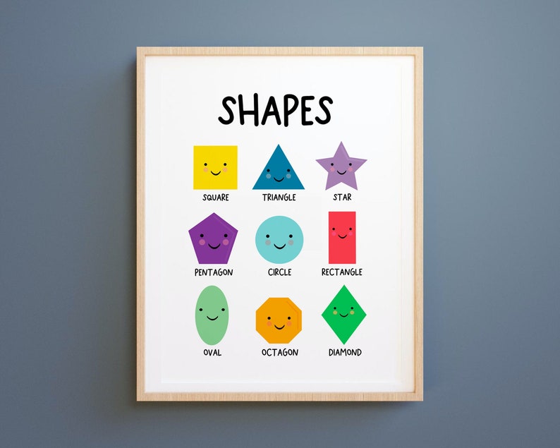May include: A colorful educational chart with the word "SHAPES" at the top.  The chart features nine different shapes, each with a smiling face and the name of the shape written below it. The shapes include a square, triangle, star, pentagon, circle, rectangle, oval, octagon, and diamond.