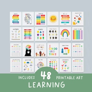 Ensemble d'affiches éducatives, 48 affiches à imprimer pour l'école à la maison, affiche alphabet, impressions pour salle de jeux, décoration de salle de classe Montessori, affiches d'apprentissage de l'éducation
