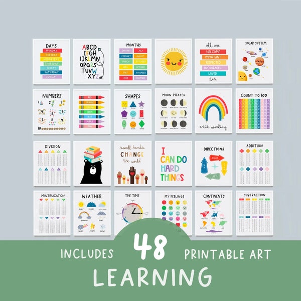 Set di poster educativi, 48 stampabili per la scuola domestica,Poster alfabeto,Stampe sala giochi,Montessori Classroom Decor,Education Learning Posters