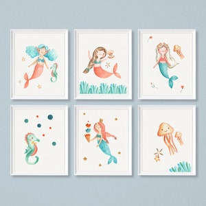Set di 6 stampe per cameretta a forma di sirena, rosa corallo, rosa baby per bambina, decorazioni per cameretta a forma di sirena, decorazioni per cameretta a forma di oceano per bambine, decorazioni murali per cameretta a forma di cavalluccio marino