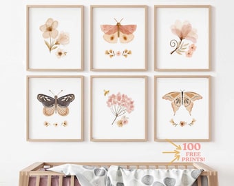 Butterfly Nursery Art Prints: Blush Pink Boho Baby Girl Decor (Digital Download) printable poster