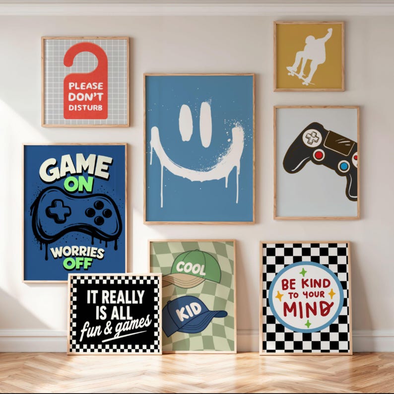 Digital Download Gaming Prints Bundle Instant Access Boys Teens Bedroom Wall Art Gamer Posters Collection Printable High Resolution Files Multiple Sizes Modern Room Gallery Pixel Art Neon Controller Designs Gaming Quotes Alphabet Letters