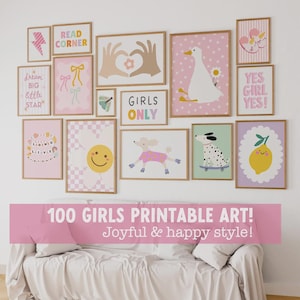 Nursery Bedroom Printable Wall Art 100 Design Bundle Download Motivational Quote Poster Playroom Pink Yellow Pastel Color Scheme Cute Illustrations Moon Sun Goose Rainbow Bow Baby Shower Gift Bundle High Resolution Multiple Sizes Girls Room