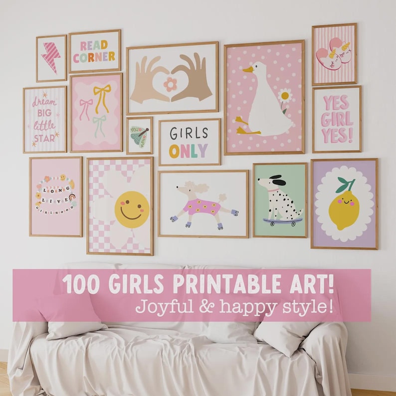Nursery Bedroom Printable Wall Art 100 Design Bundle Download Motivational Quote Poster Playroom Pink Yellow Pastel Color Scheme Cute Illustrations Moon Sun Goose Rainbow Bow Baby Shower Gift Bundle High Resolution Multiple Sizes Girls Room