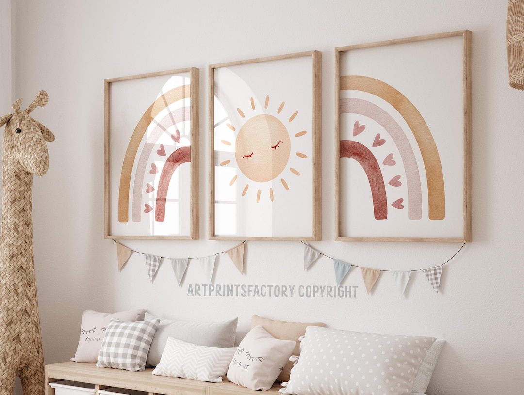 Rainbow Sun Nursery Print Set: Girls Playroom Illustration (digital ...