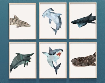 Shark wall Prints, Set of 6, Shark Nursery theme, Ocean Animal Nursery, Shark Printable Art, Hammerhead, whale shark, DIGITAL FILES, art