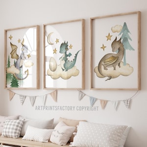 Drachen Baby Wand Druck, 3er Set, DRUCKBARE KUNST, Jungen Poster, Drachen Druck, Magischer Wald, Kinderzimmer Dekoration, Kinderzimmer, Drache Themen