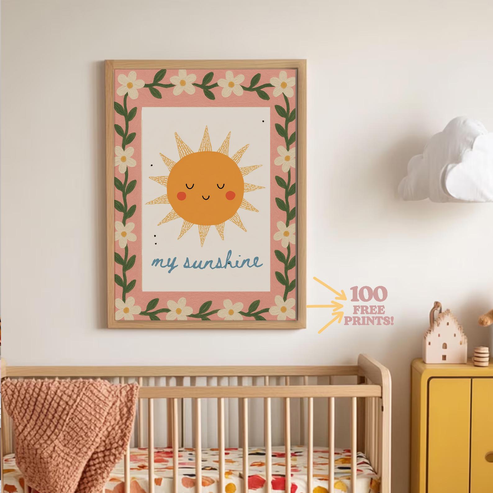 Pink You Are My Sunshine Nursery Print: Floral Sun, Girls Room (digital ...
