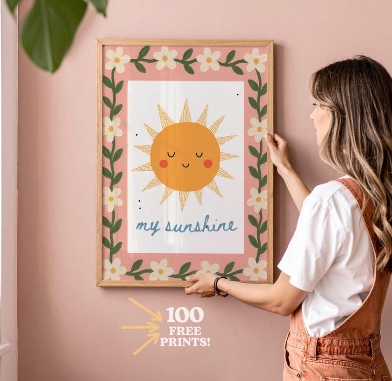 Pink You Are My Sunshine Nursery Print: Floral Sun, Girls Room (digital ...