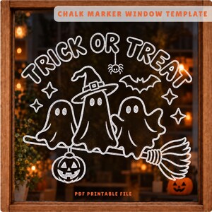 Seasonal Glass Art Halloween Window Display Printable Ghost Stencil Design Chalk Marker Template Pattern Digital Download Home Classroom Decoration Easy Traceable Craft Project Beginner DIY Activity Complete Instructions Included Multiple