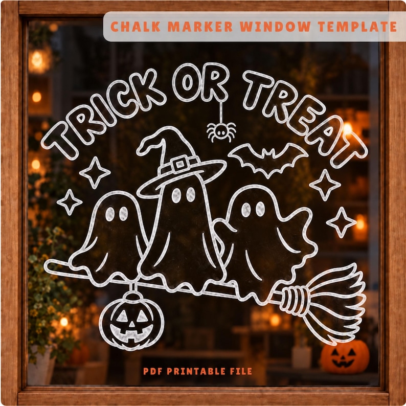 Seasonal Glass Art Halloween Window Display Printable Ghost Stencil Design Chalk Marker Template Pattern Digital Download Home Classroom Decoration Easy Traceable Craft Project Beginner DIY Activity Complete Instructions Included Multiple