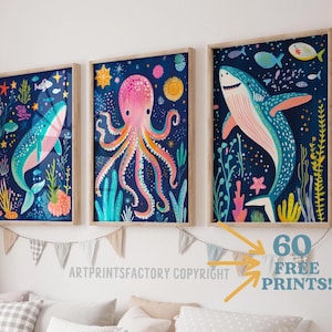 Unter dem Meer Wandbild, Ozean Poster, Kinderbild, Poster Set, Ozean, Meer, Gemälde, maritim, Meer, Meer, Kinderbild, Tiere