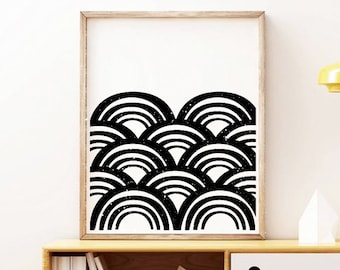 Rainbow pattern, Home decor, Abstract print, Geometric art, black abstract, Wall prints, Minimalist art, Scandinavian print, large poster