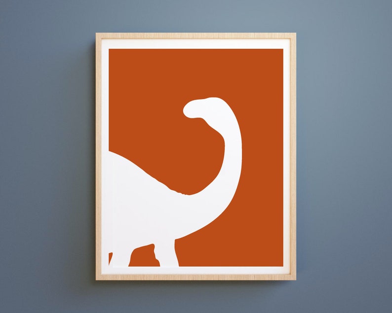 May include: A white silhouette of a dinosaur on a burnt orange background. The dinosaur is facing left and has a long neck.