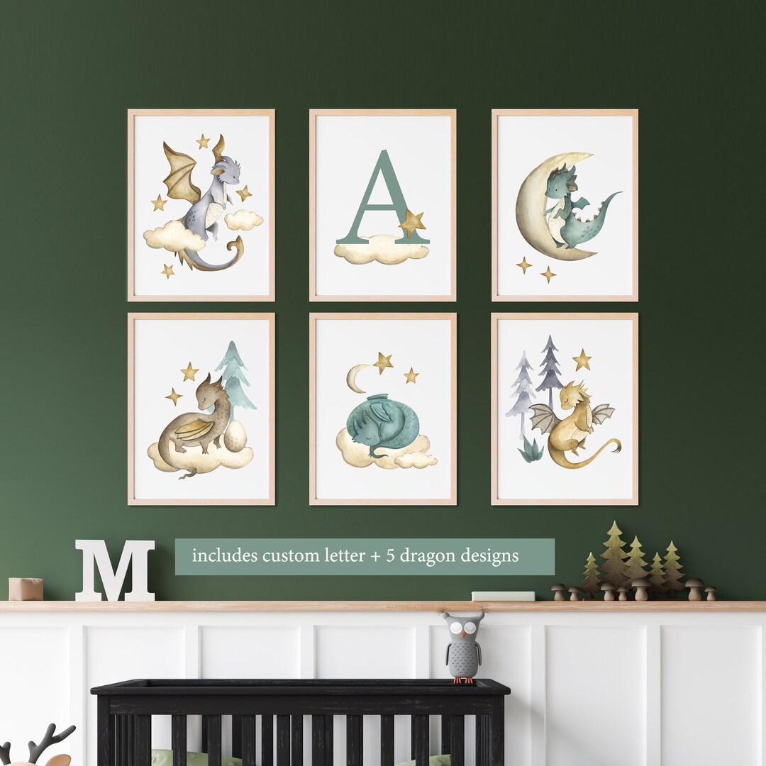 Dragon Nursery Print Set: Custom Initial, Mythical Baby Dragons ...