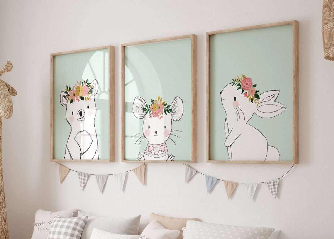 Set of 3 Woodland Nursery Decor, Mint Woodland Nursery Prints, Woodland ...