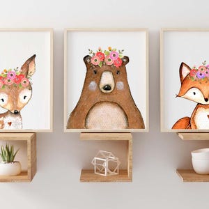 SALE Woodland nursery set of 4, Girls room, Fox picture, Woodland theme, Baby shower gift, Woodland Decor, Bear picture, Woodland animals, C