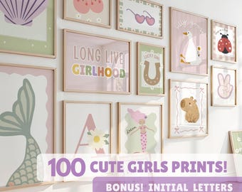 100 láminas imprimibles para habitación de niña: paquete de láminas divertidas, decoración moderna de pared para habitación de bebé en tonos pastel, descarga digital