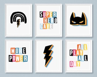 Superheld kinderkamerkunstprints: moderne kinderkamerdecoratie (set van 6) (digitale download)